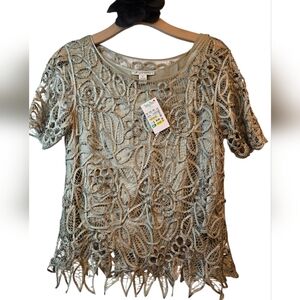 Silken Poetry 100% Silk Elegant Lace Women Top Lace/Beaded Short Sleeve Size M